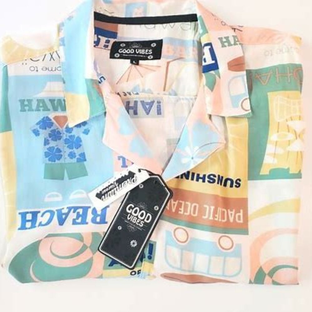 Good Vibes Men's Aloha Hawaiian Viscose Short Sleeve Button Down NEW